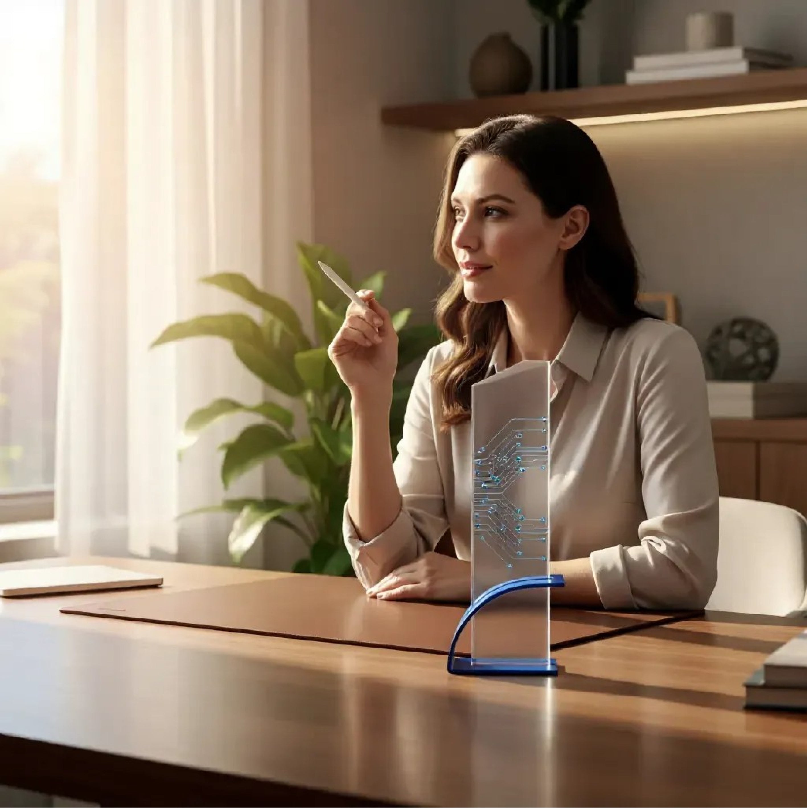 ENGRAVED CRYSTAL GLASS AWARD WITH BLUE METAL BASE