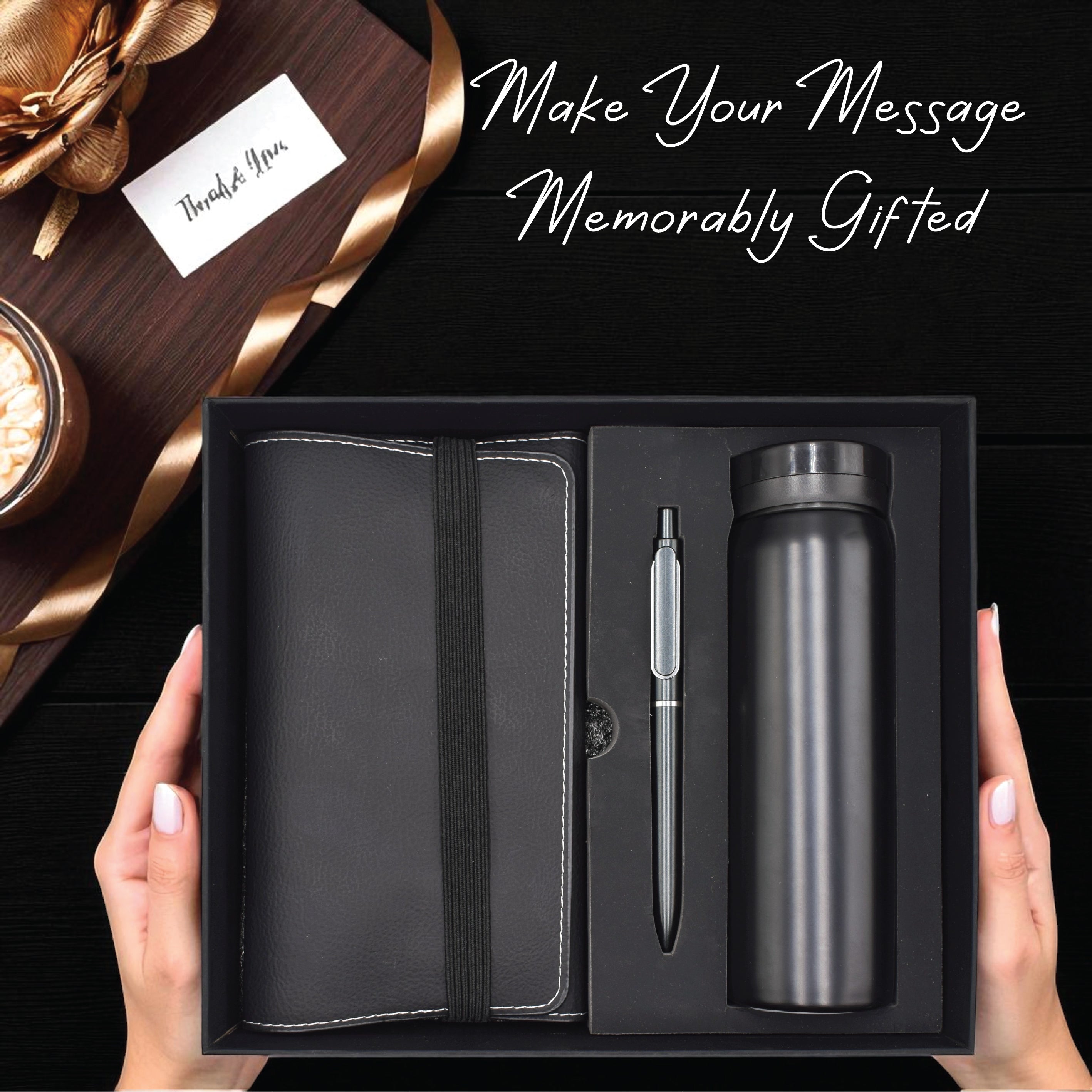 GIFT SETS NOTEBOOK  METAL PEN WITH 500ML BLACK VACUUM BOTTLE