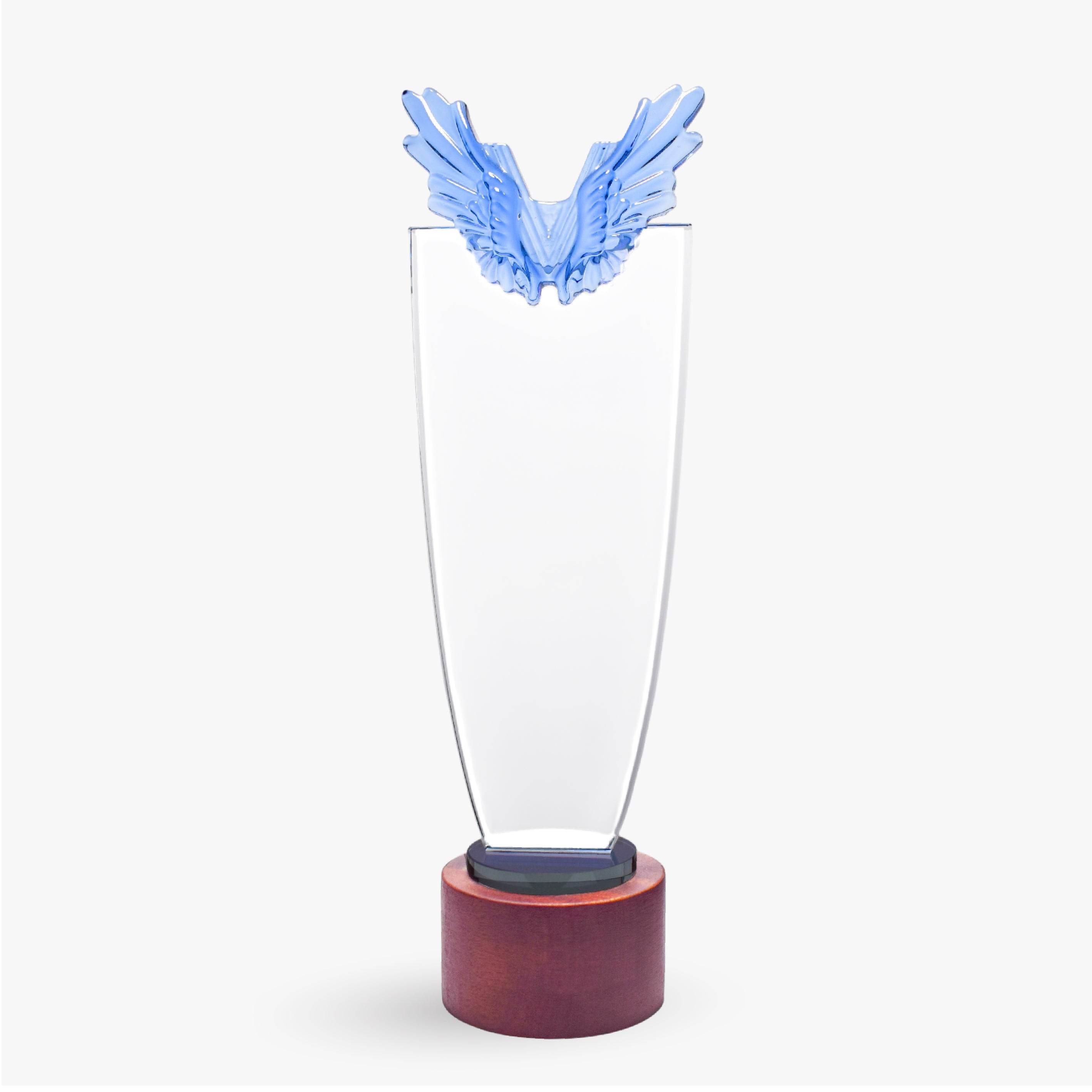 CRYSTAL GLASS TROPHY WITH BLUE WINGS & WOOD BASE-LS24012