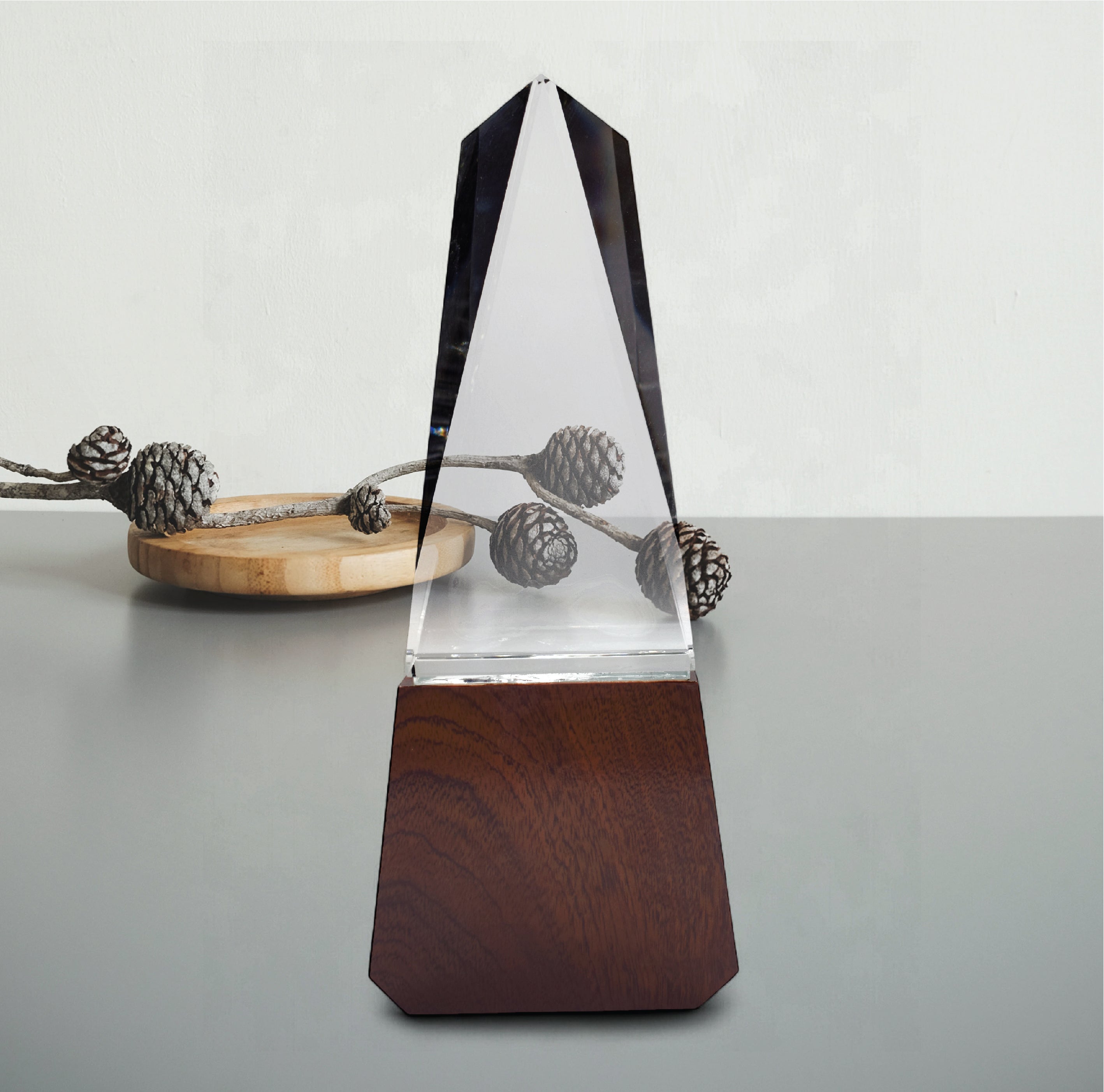 TOWER SHAPED CRYSTAL AWARD WITH WOODEN BASE