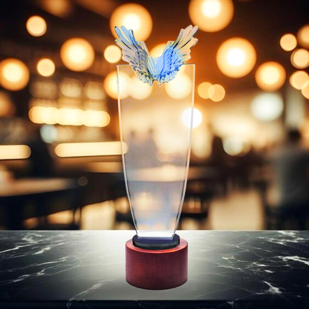 CRYSTAL GLASS TROPHY WITH BLUE WINGS & WOOD BASE-LS24012