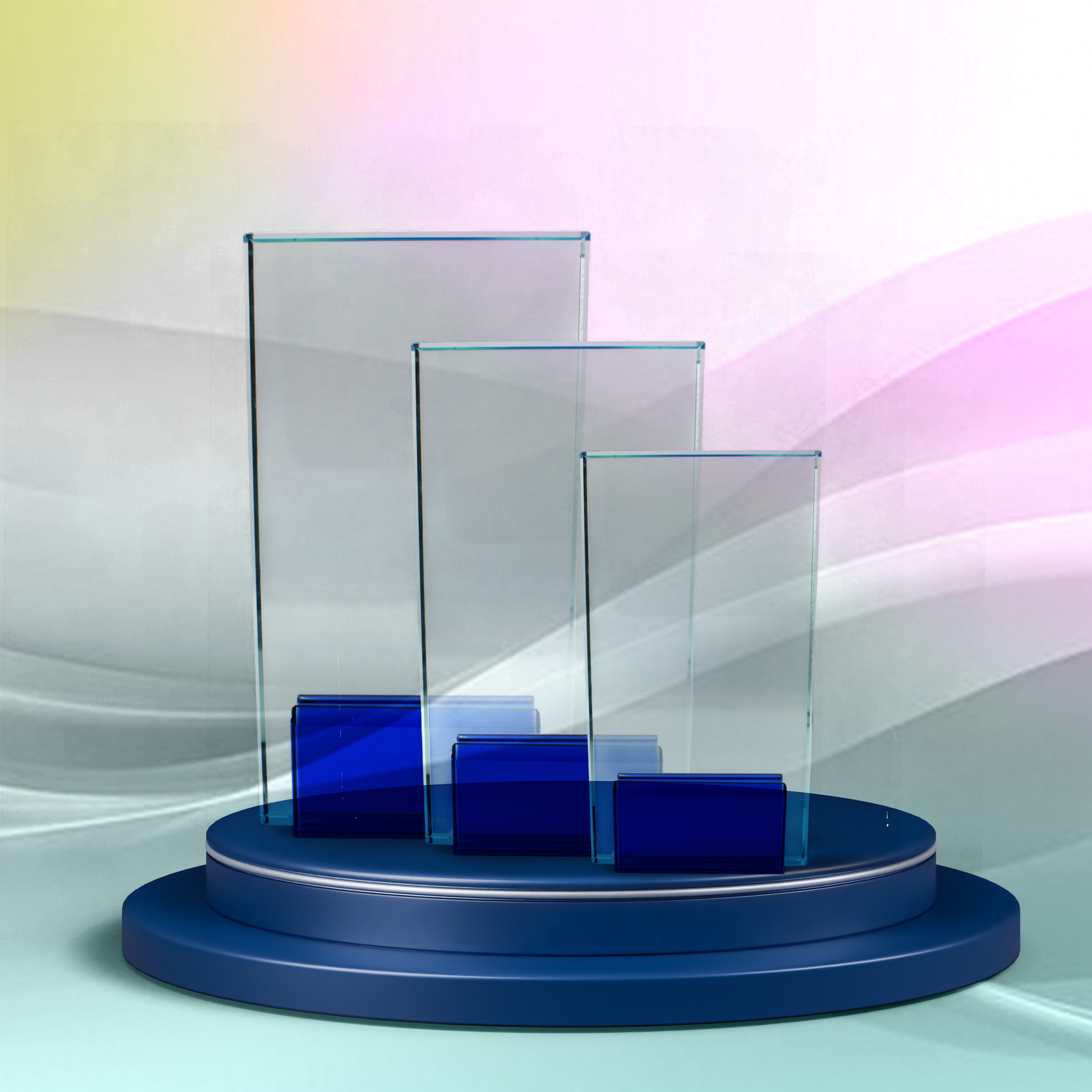 RECTANGULAR CRYSTAL GLASS AWARD WITH BLUE BASE ( A6549 )