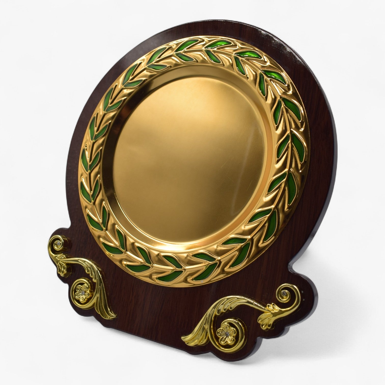WOODEN TROPHY AWARD LEAF PATTERN ROUND PLATE  GOLD,SILVER WITH WOODEN BOX ( H-1 )
