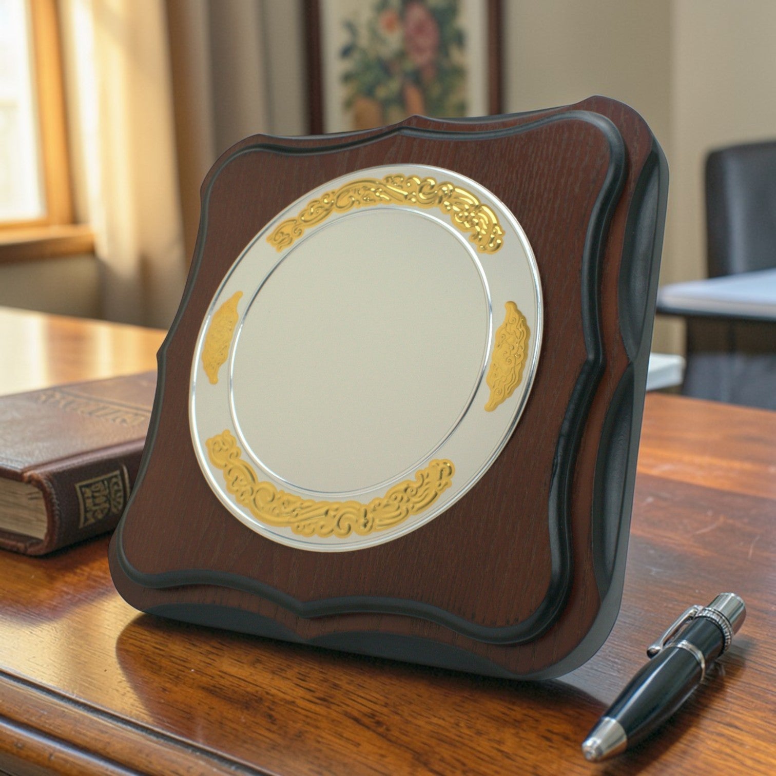 WOODEN TROPHY WITH ROUND PLATE WITH WOODEN BOX H-7