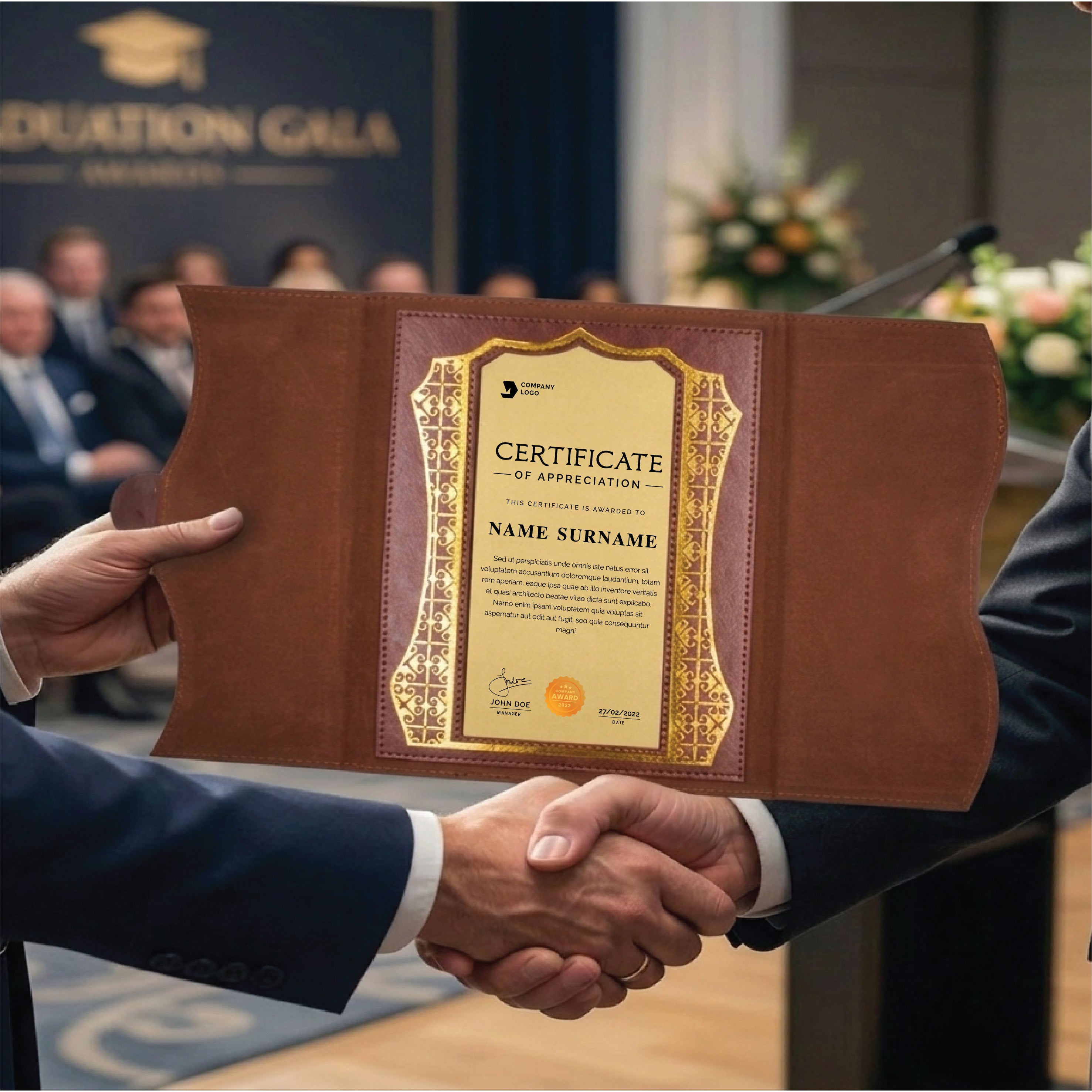 A4 BROWN CERTIFICATE FOLDER WITH GOLD PLATE – CUSTOM PRINTABLE AWARD  ( H-2  )