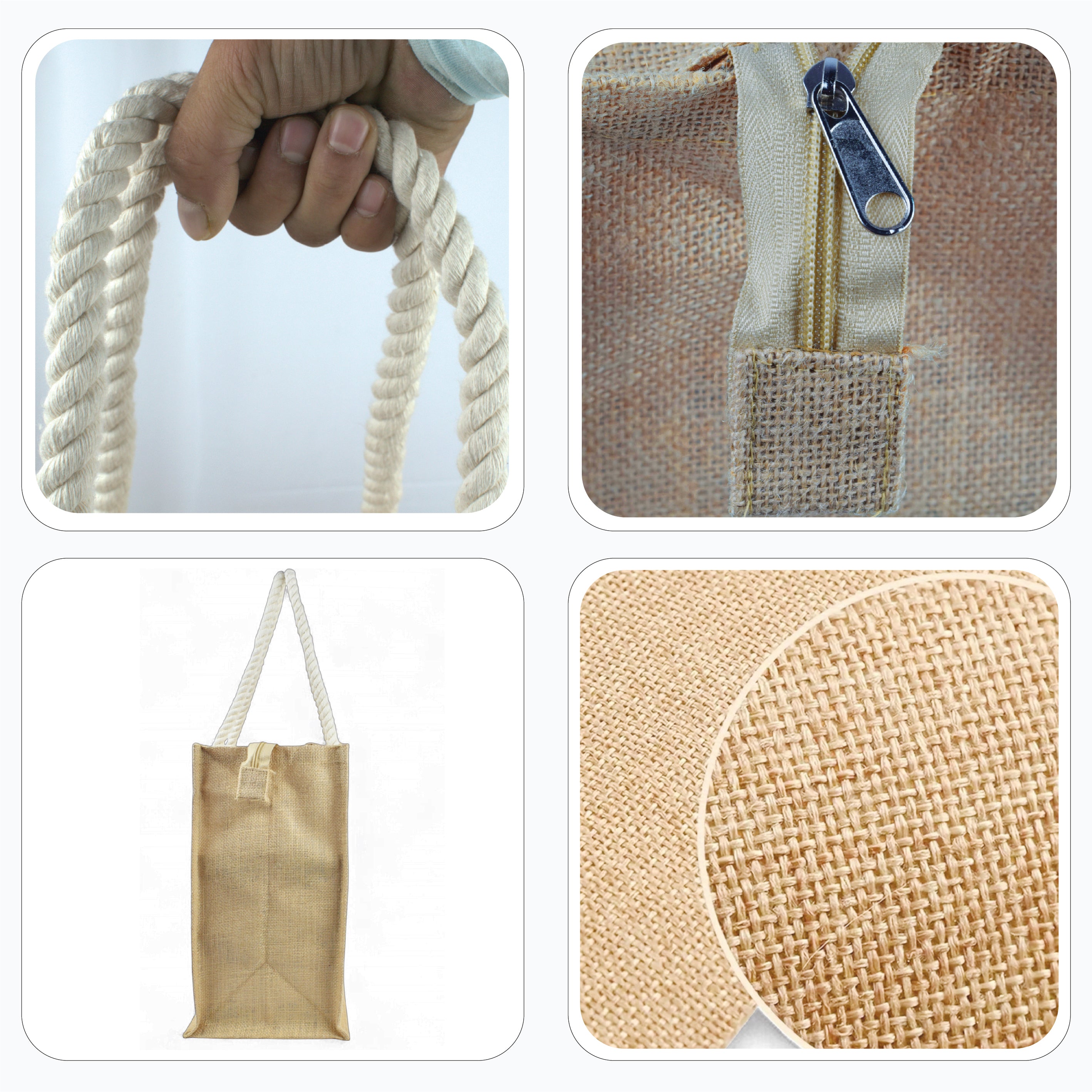 Jute bag cotton rope handle with zipper
