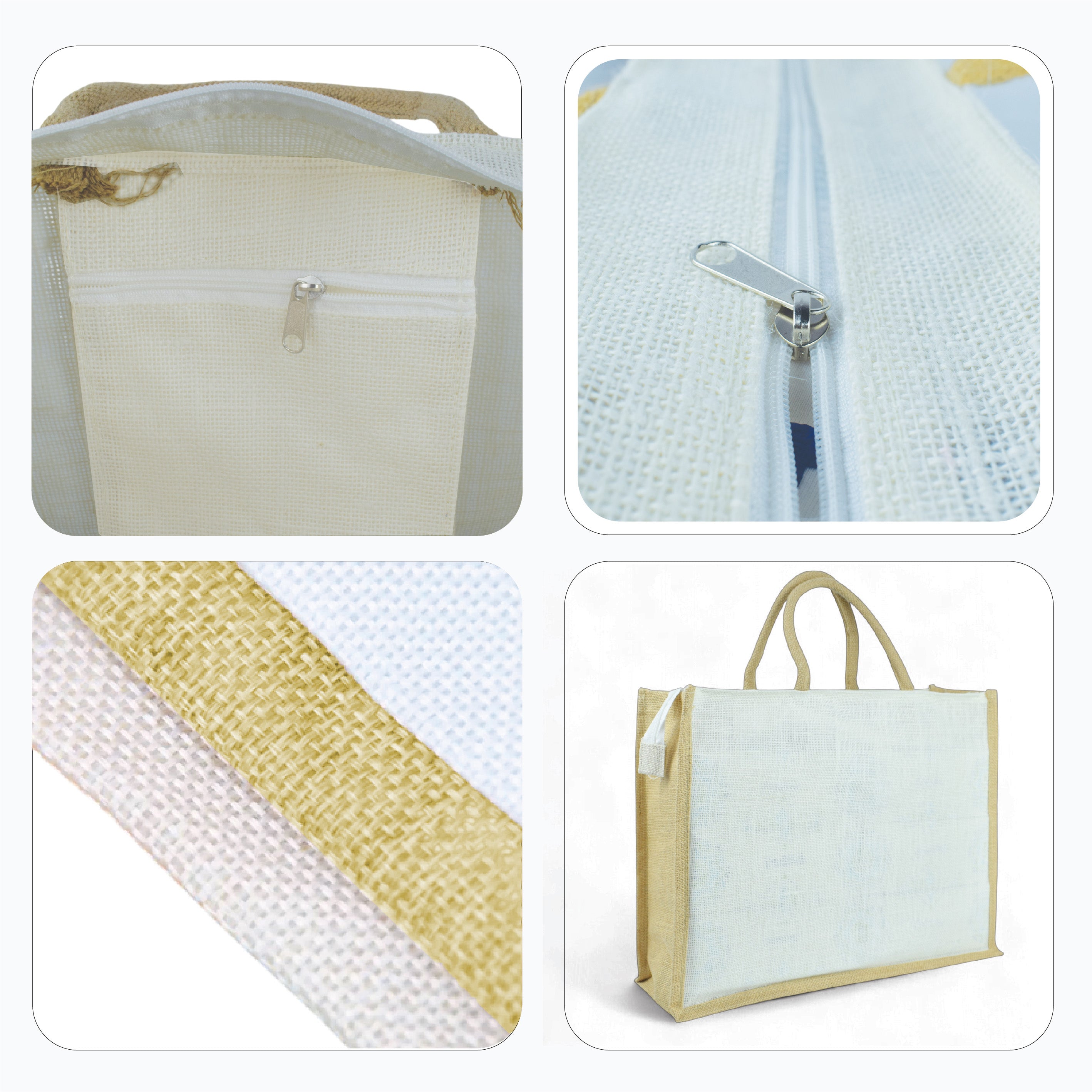 White Jute Bag with Brown Border and Zipper