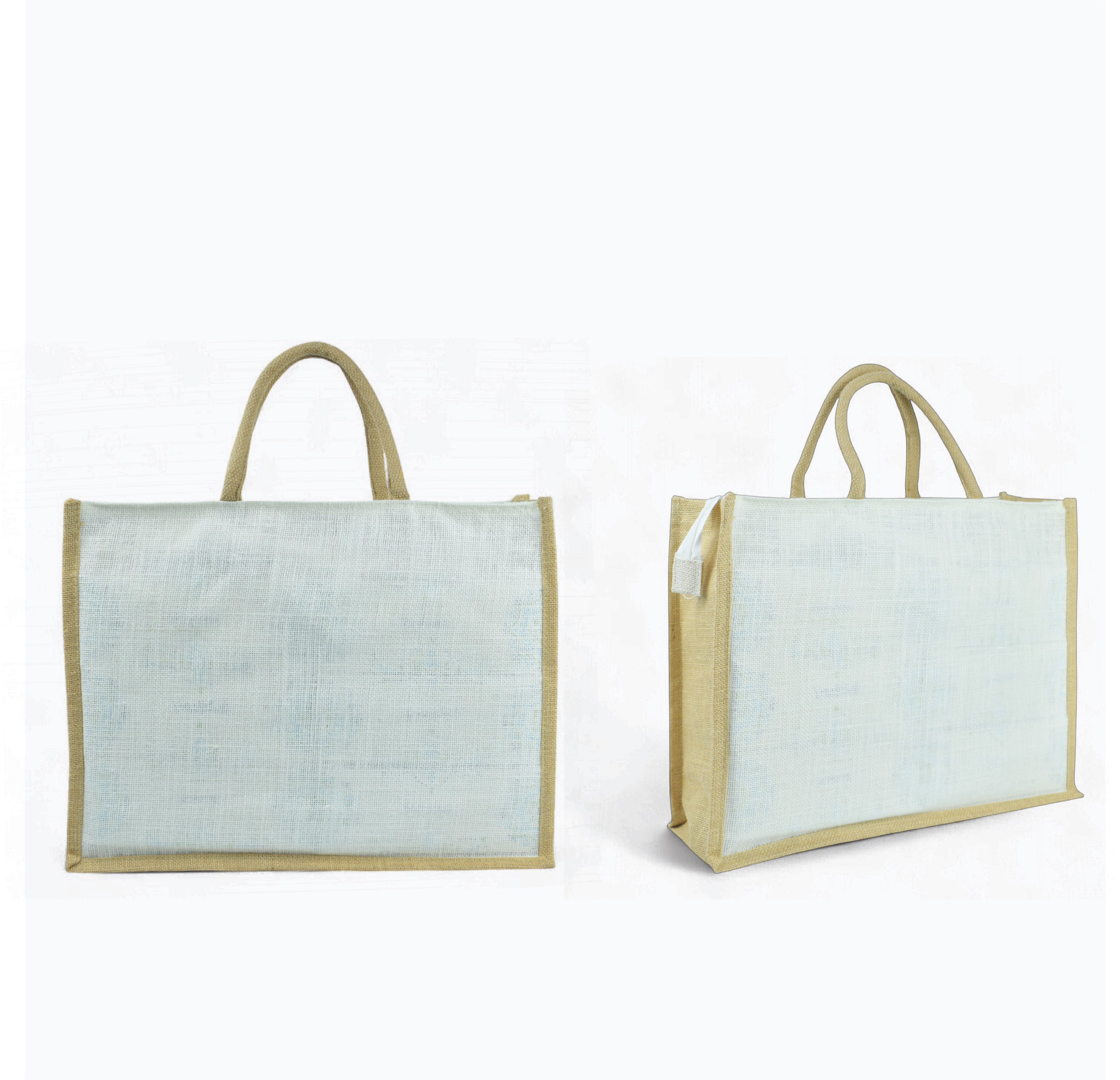 White Jute Bag with Brown Border and Zipper