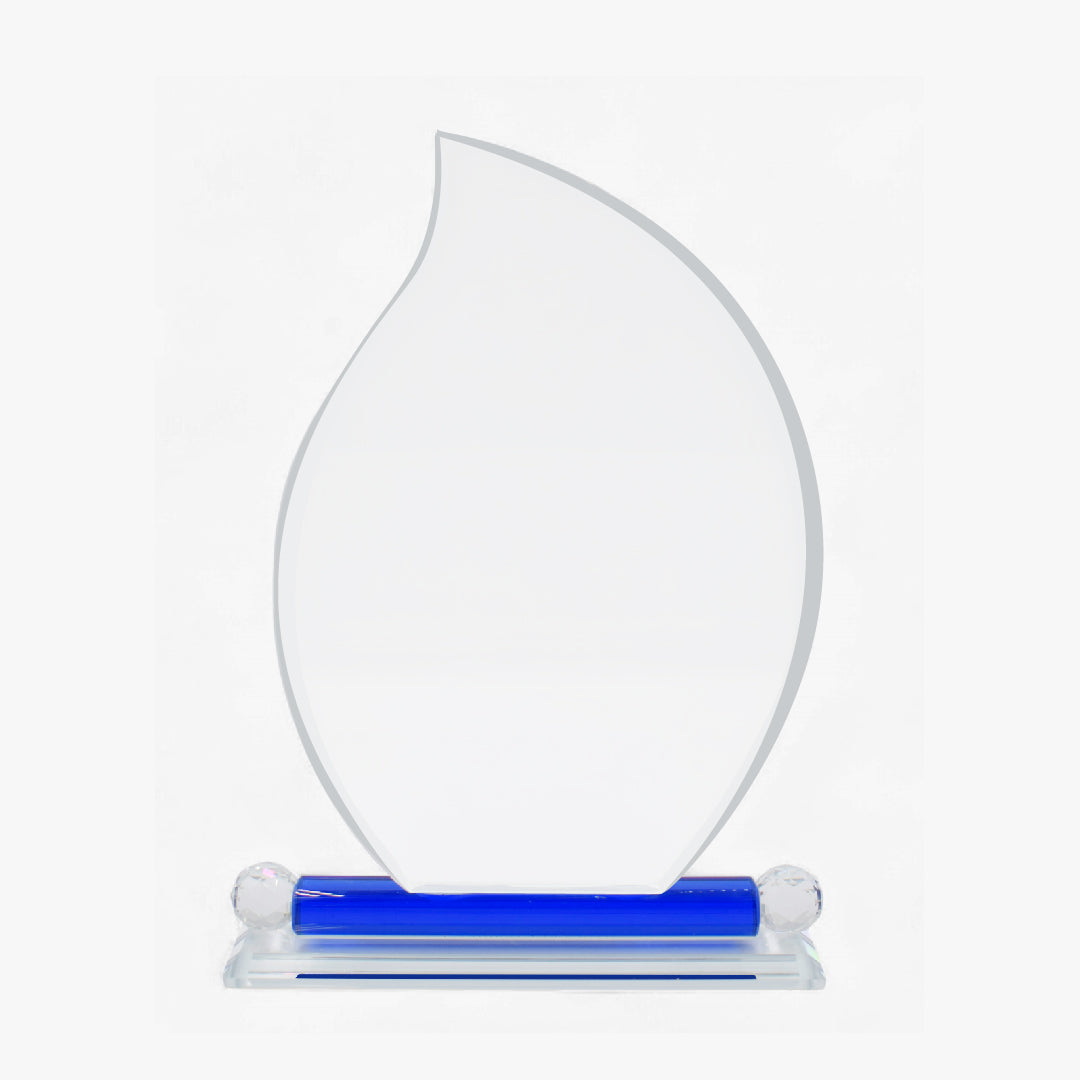 BLUE-BASE FLAME-SHAPED CRYSTAL TROPHY WITH DIAMOND TEXTURE SIDE BALLS (F11-BJ )