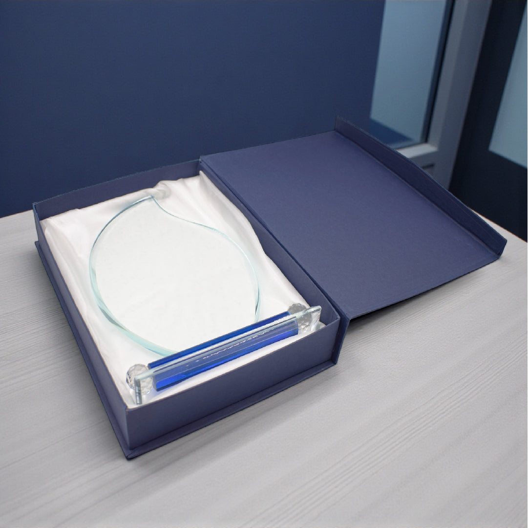 BLUE-BASE FLAME-SHAPED CRYSTAL TROPHY WITH DIAMOND TEXTURE SIDE BALLS (F11-BJ )