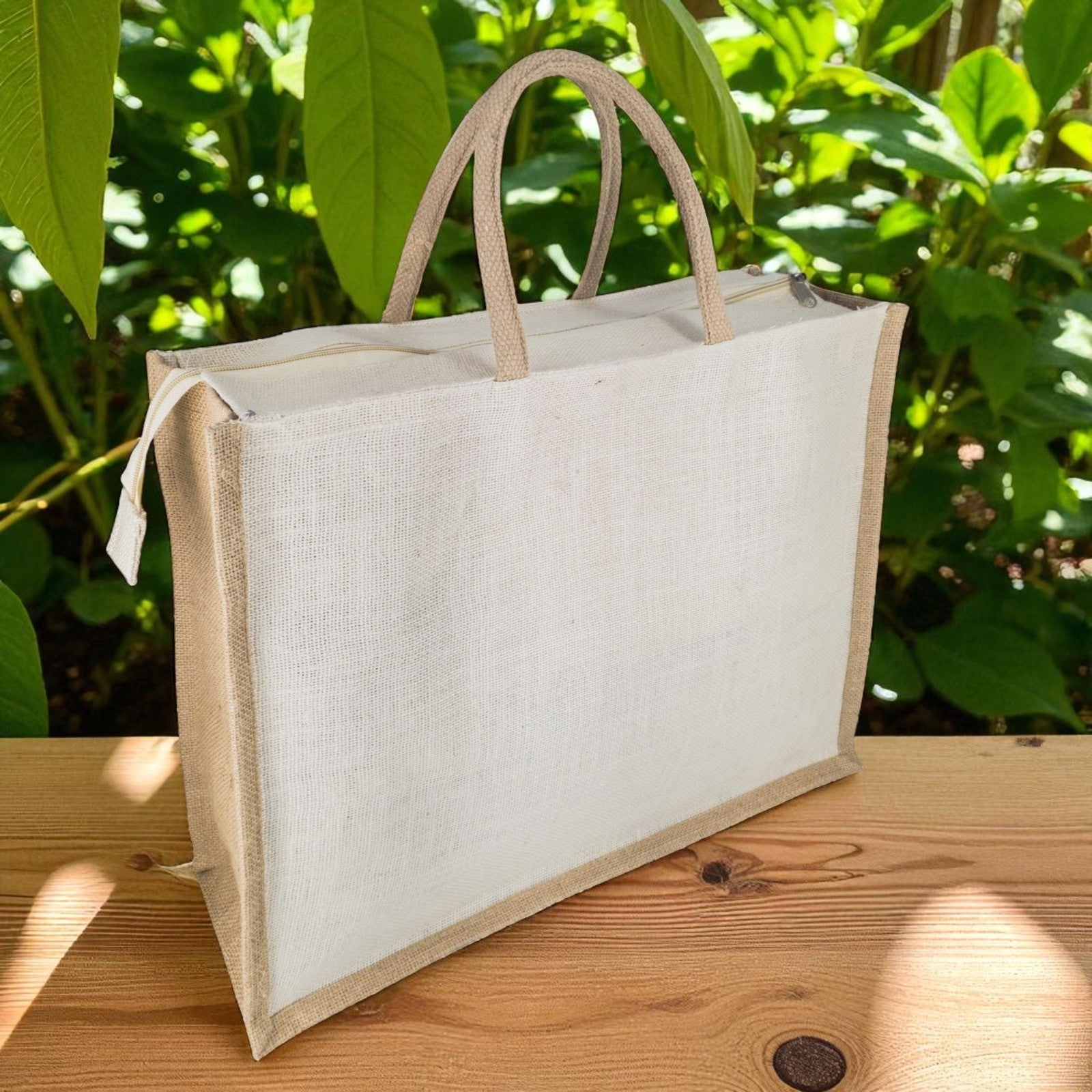 White Jute Bag with Brown Border and Zipper