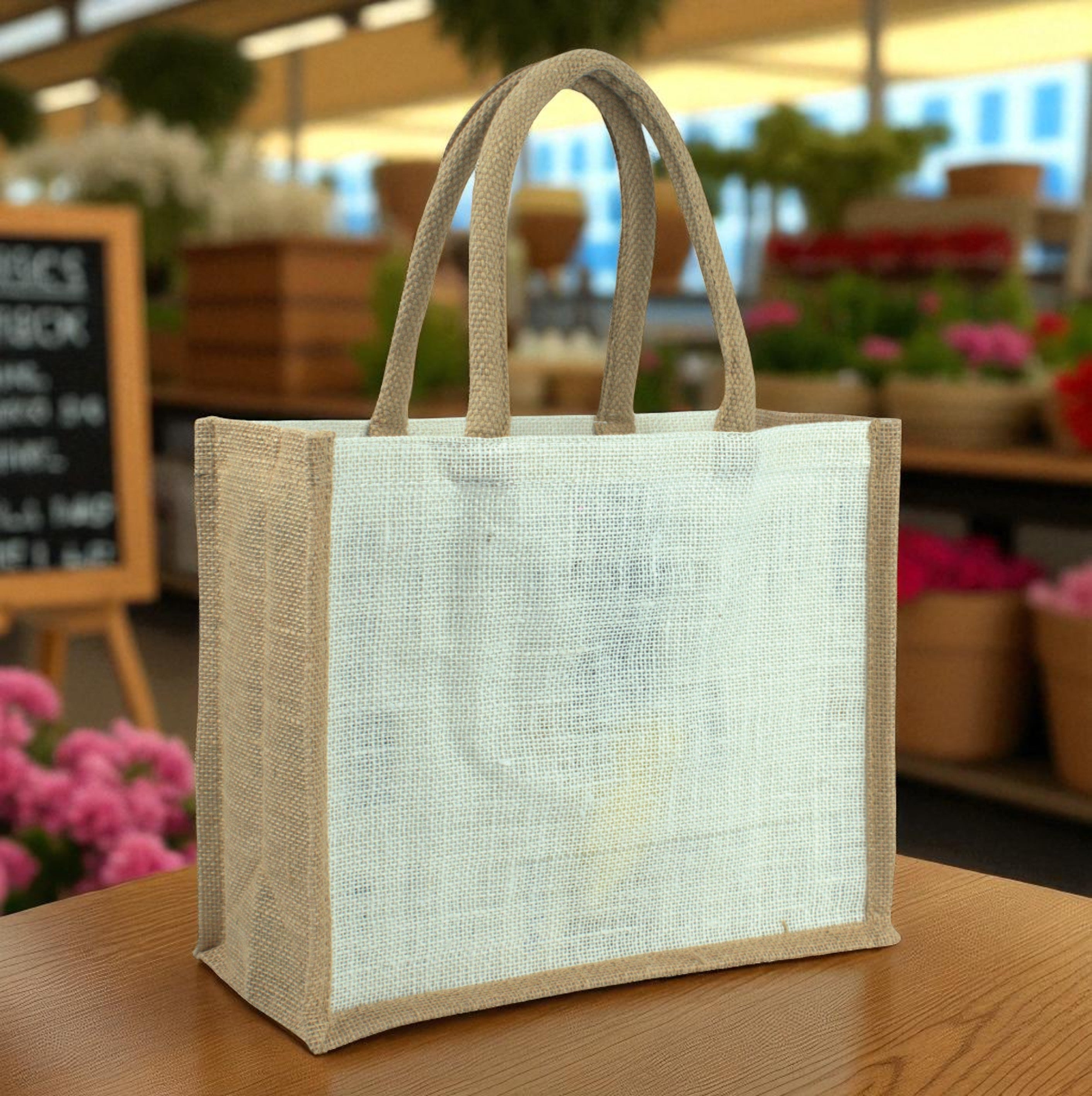 White Jute Hand Bag with Brown Border