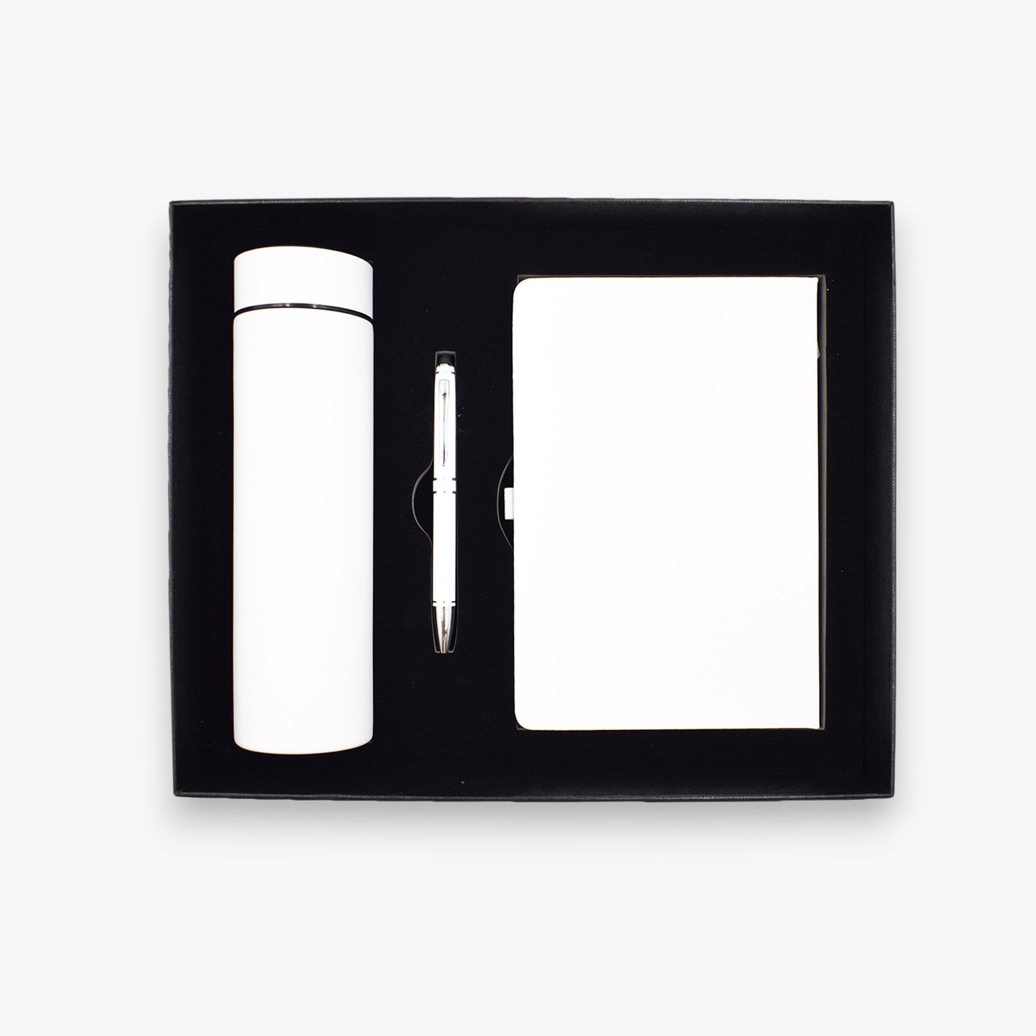 PROMOTIONAL GIFT SET – WHITE PU NOTEBOOK, WHITE PREMIUM METAL PEN & 500ML SUBLIMATION  WHITE  TEMPERATURE-BOTTLE