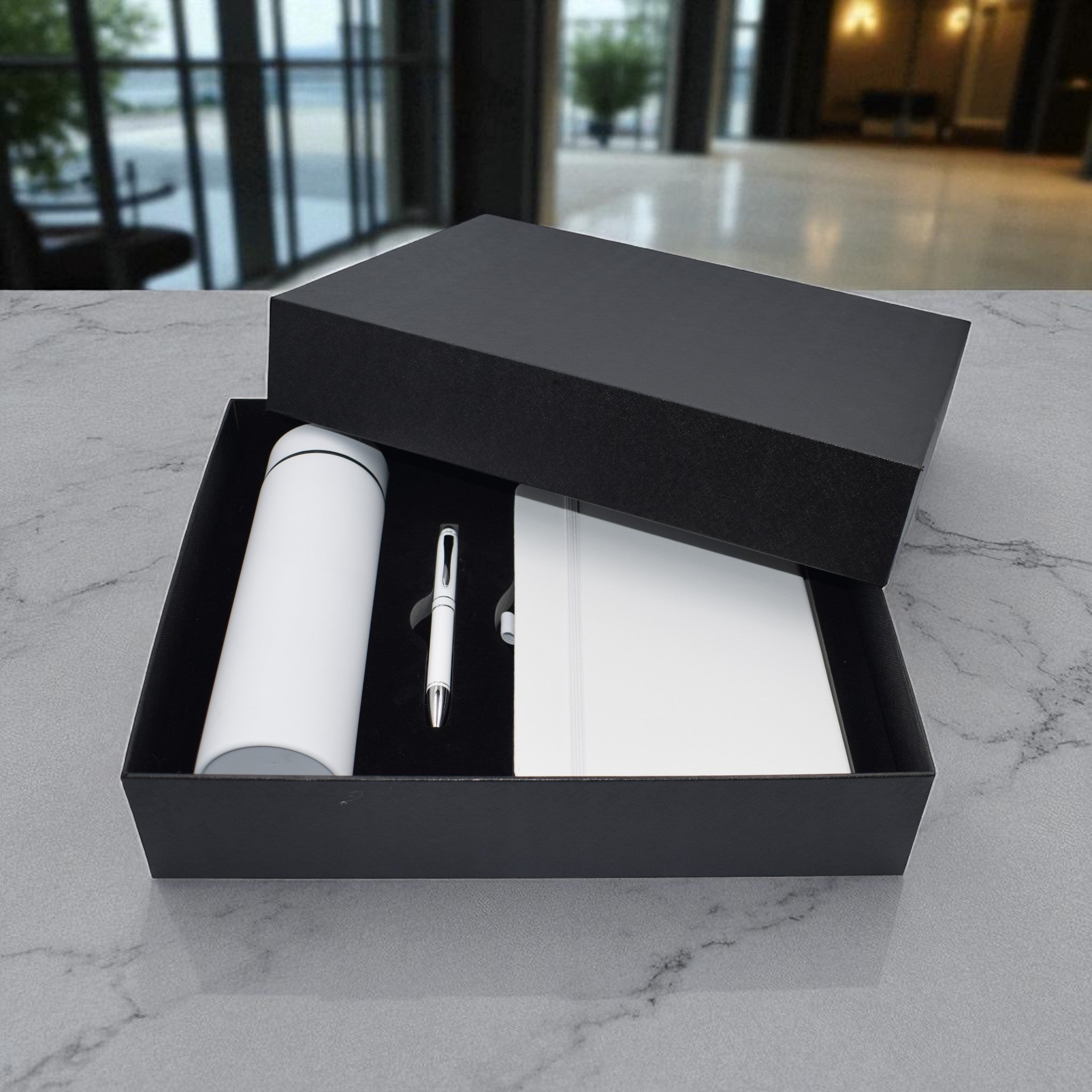 PROMOTIONAL GIFT SET – WHITE PU NOTEBOOK, WHITE PREMIUM METAL PEN & 500ML SUBLIMATION  WHITE  TEMPERATURE-BOTTLE