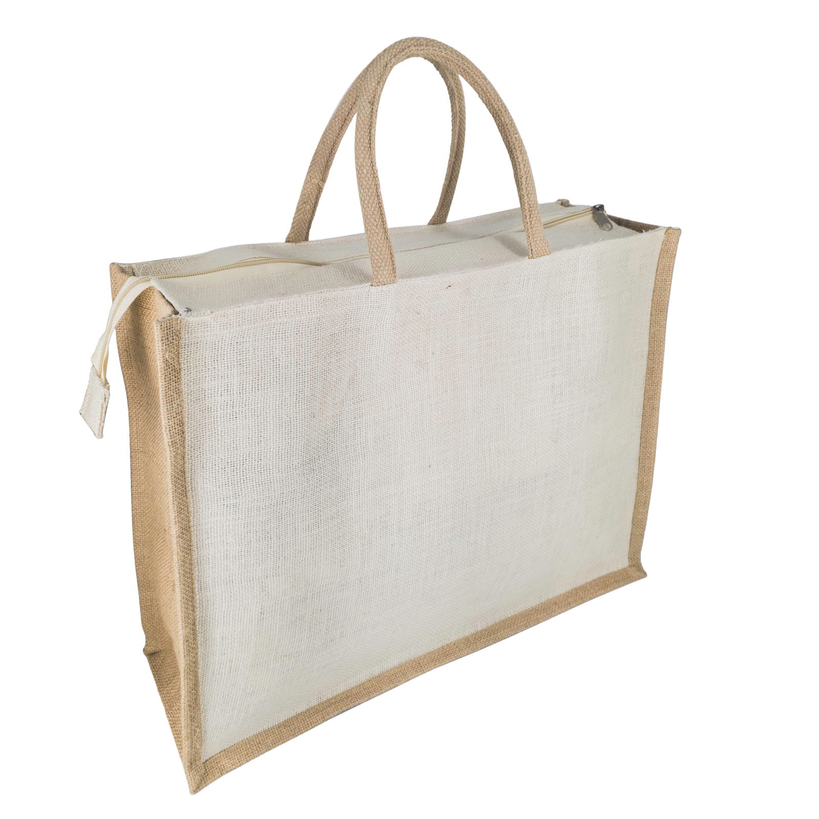 White Jute Bag with Brown Border and Zipper