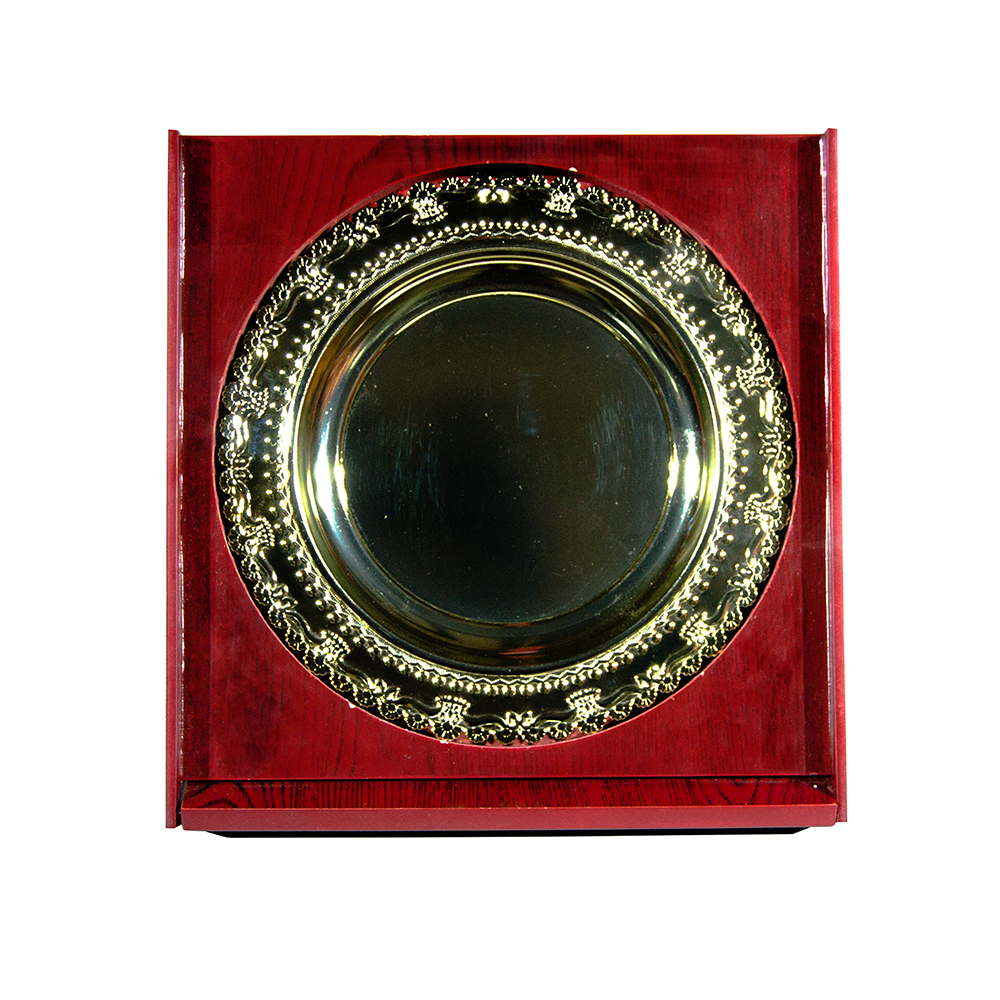 GOLD SALVER WOODEN TROPHY WITH PAPER BOX